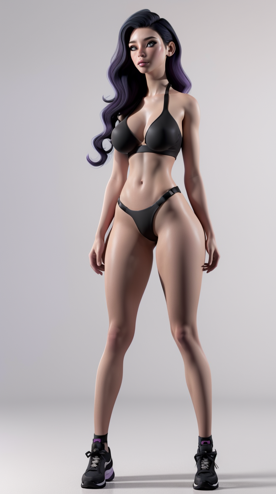 <lora:M1r0:0.8>  1girl. ((black bikini)), ((violet and black wavy hair)), perfect hands, big breast, wide hips, thick thighs,  looking at viewer, ultra realistic digital art, a 3D render, photorealism, clean scene, white background, white wall, shinny floor, white floor