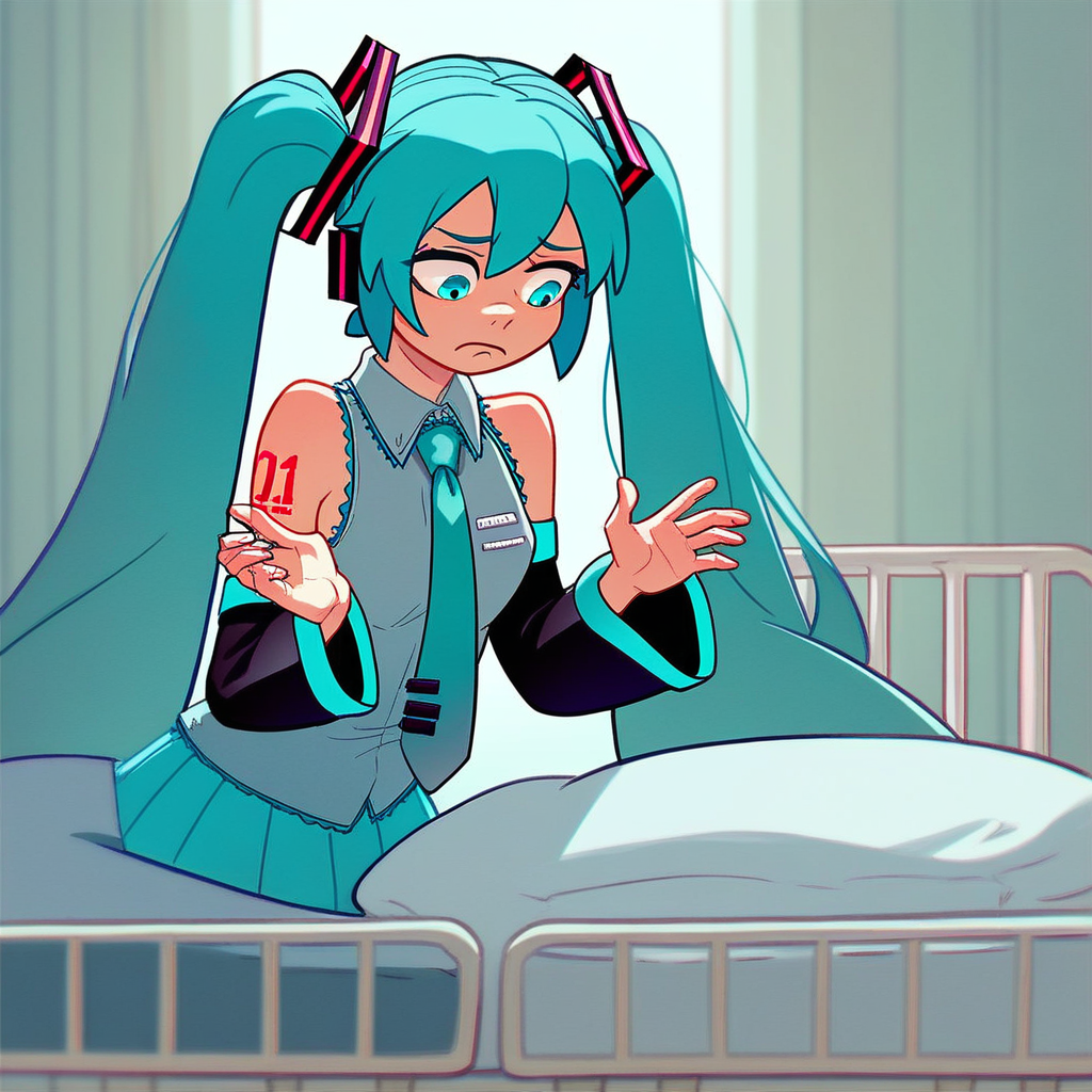 score_8, score_8_up, score_7_up, lo_su_qu, 1girl, female focus, solo, Hatsune Miku, aqua hair, twintails, aqua eyes, necktie, collared shirt, sleeveless, detached sleeves, tattoo, skirt, pleated skirt, standing, frown, looking down,  hands up, hospital bed, indoors,