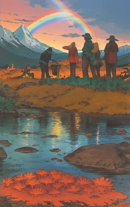 artwork <lora:Moebius:1>, outdoor at dusk, a group people do a respect, coral reef, blackwater,alpine tundra,rainbow