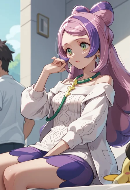 score_9, score_8_up, score_7_up, anime screencap, ,miriam_pokemon, long_hair, purple_hair, pink_hair, multicolored_hair, green_eyes