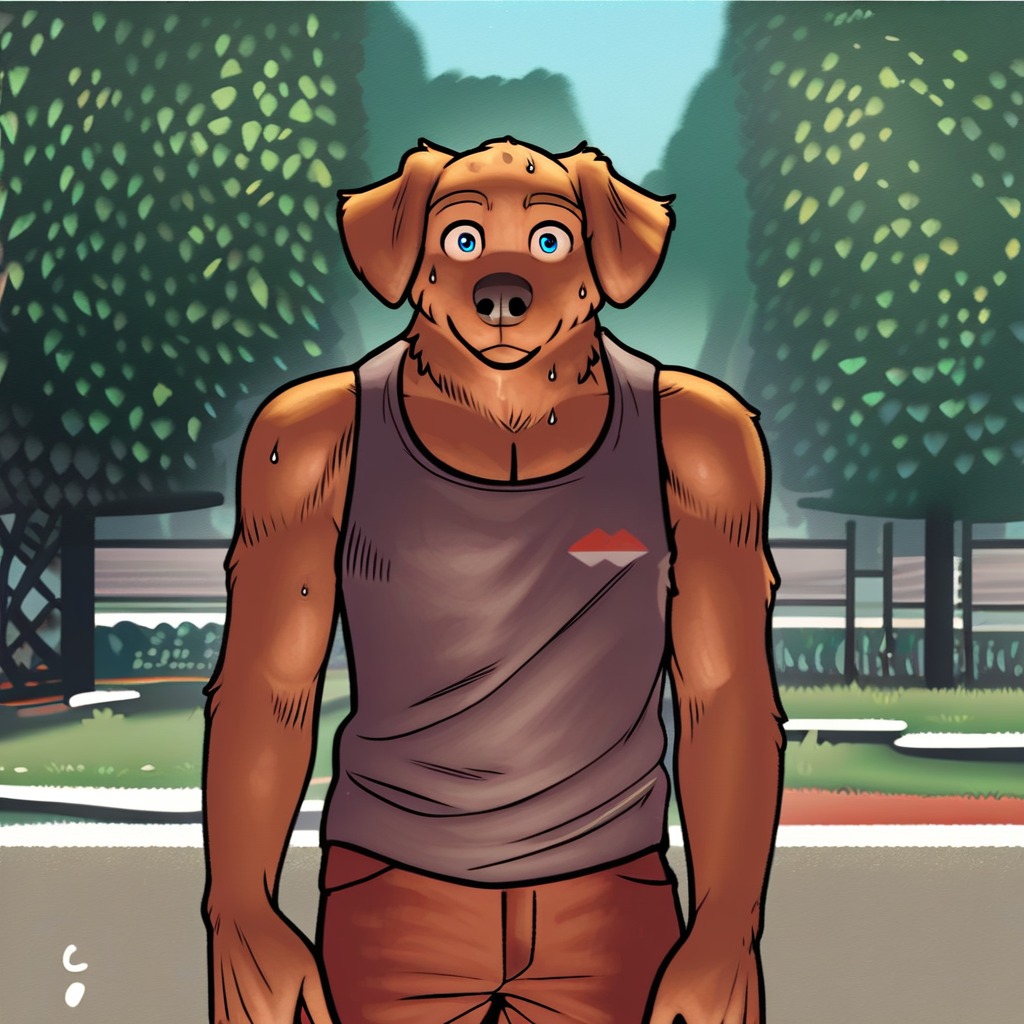 safe_pos, artwork, digital artwork, colourful source_e621, score_9, score_8_up, score_7_up, score_6_up, score_5_up, score_4_up, travis peake, male, dog, dog boy, golden retriever, labrador, blue eyes, dog tail, fullbody, front view, looking at viewer, waving hello at viewer, after excersice, sweat, sweating, sweaty, tanktop, shorts, detailed, detailed background, outdoors, outside, park, clothed, clothed, excellent detail, perfect detail, perfect eyes, perfect face, perfect mouth, animal, natural lighting,
