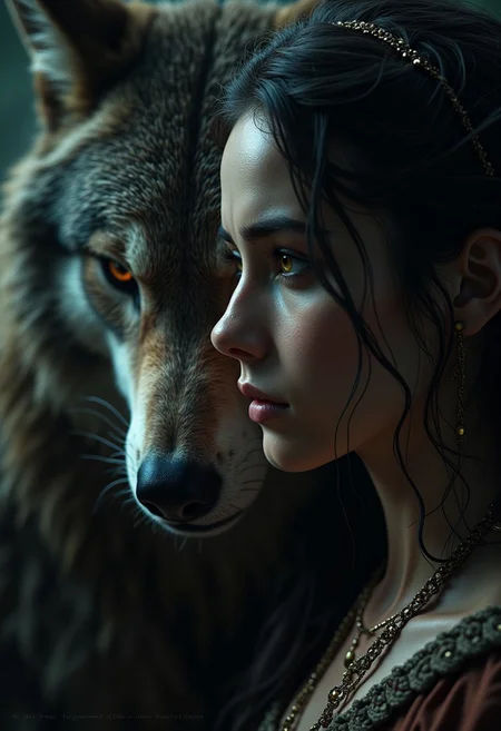 An epic fantasy scene of tragic romance about two lovers cursed to never be together as the man is a wolf by night and the woman is a hawk by day, medieval times, dark ages, Cinematic style, Beauty, Realism, Photorealism, Chiaroscuro, High quality, high action pose, perfect pupils, insanely detailed faces, correct digits, realistic skin, intricately detailed, film grain, HD, 8k, volumetric lighting, clear volumetric lighting, perfect eyes, perfect pupils, expressive eyes