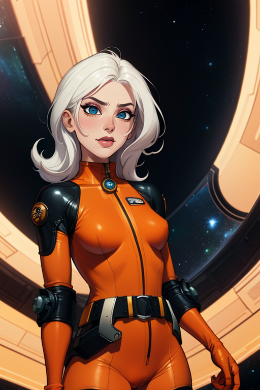 Drew, white hair, black eyes, black upper lip,  standing,  upper body, smug,
Saturday, orange bodysuit, black thighhighs,  yellow belt,  orange elbow gloves,
space station,
(insanely detailed, beautiful detailed face, masterpiece, beautiful detailed eyes, best quality) <lora:DrewSaturday:0.8>