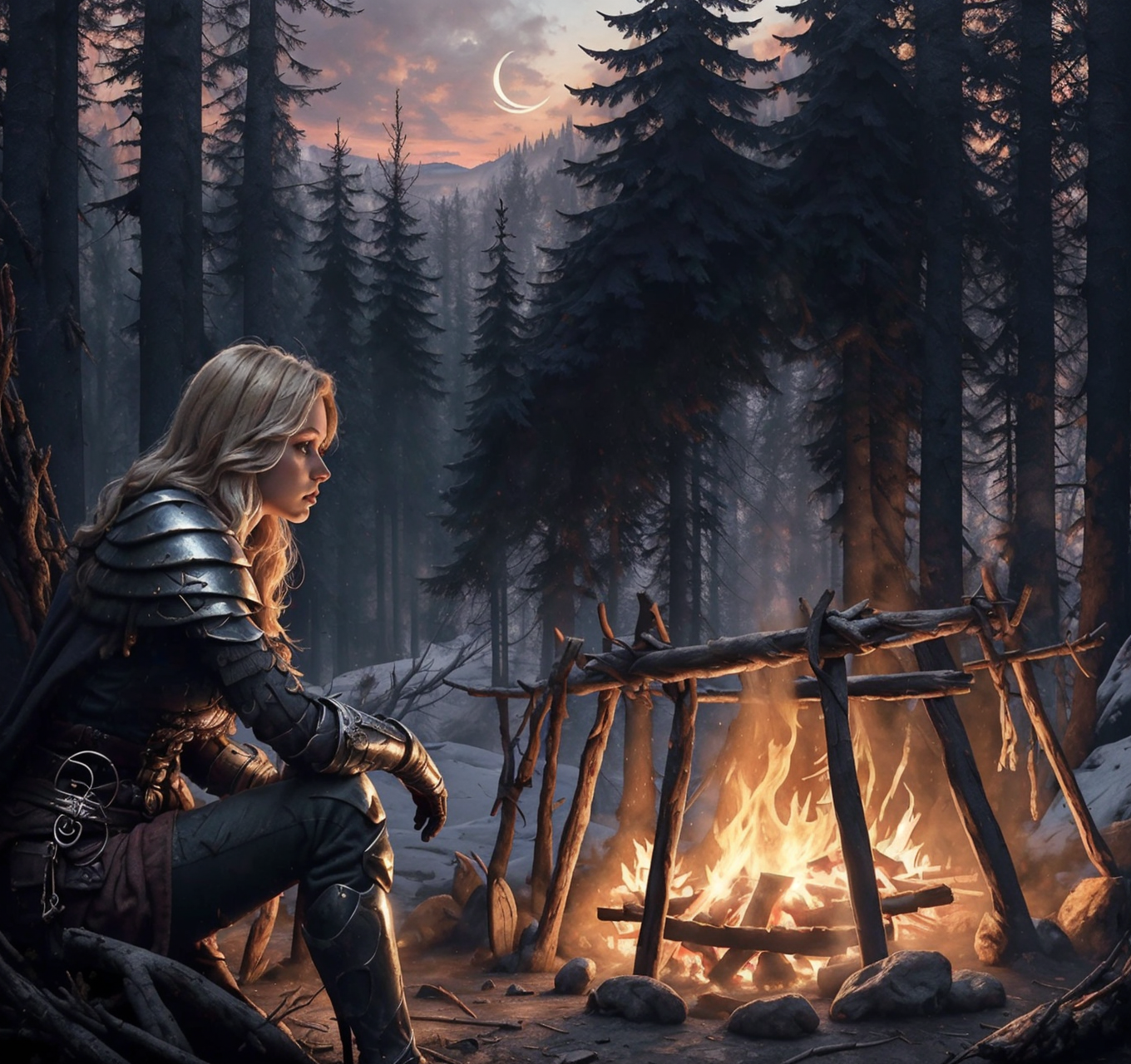 RAW photo, (masterpiece:1.3), subsurface scattering, heavy shadow, (high quality:1.4), (intricate, high detail:1.2), professional photography, HDR, High Dynamic Range, realistic, ultra realistic, photorealistic, high resolution, film photography, ambient lighting, atmospheric effects, <lora:detail_slider_v4:2>, OverallDetail,  <lora:Campsite:1>, 1girl, blonde hair, campfire, campsite, cloak, crate, fire, forest, from side, gloves, holding, moon, nature, outdoors, river, shoulder armor, sitting, sky, tree, watercraft