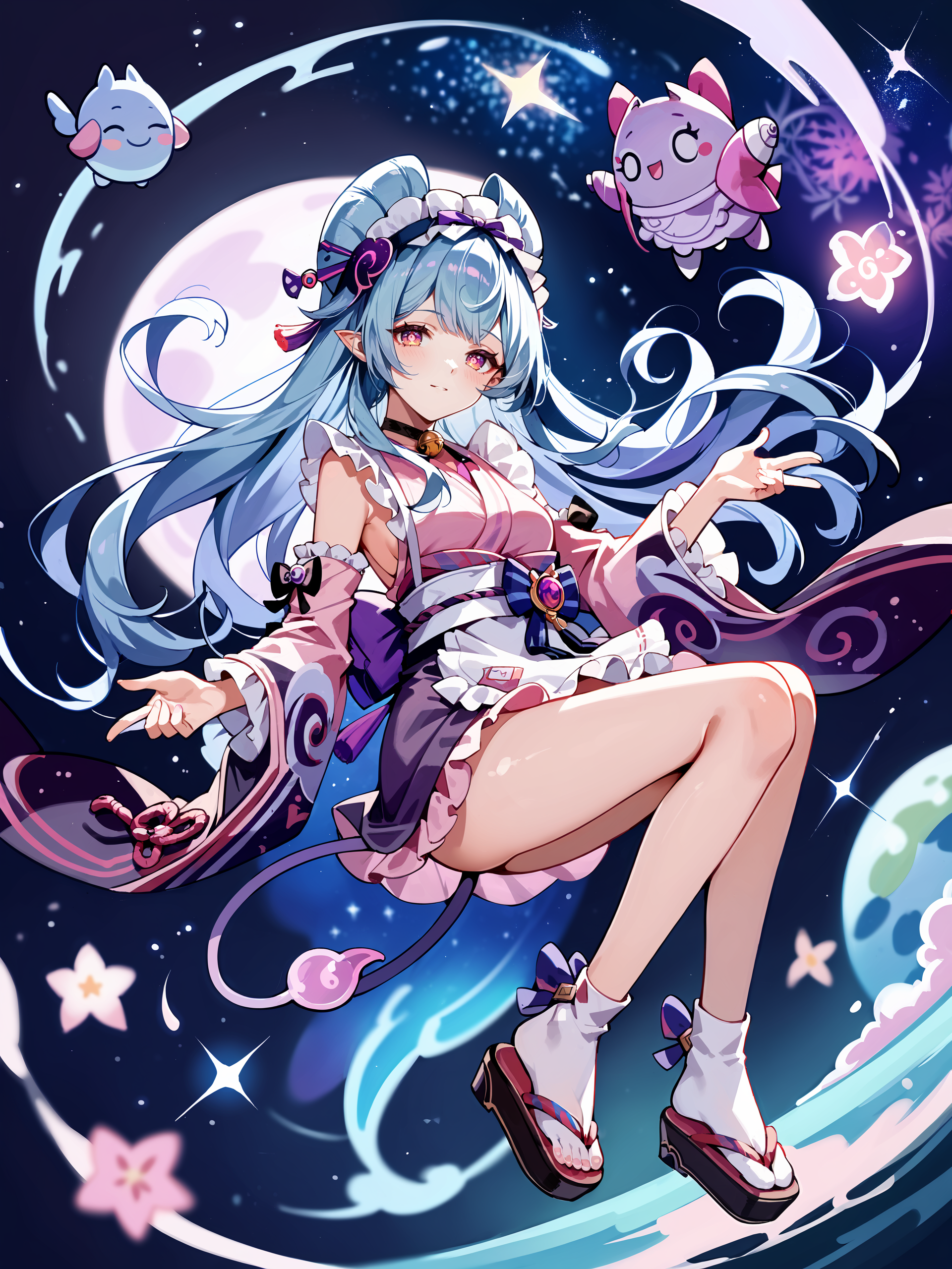 score_9, score_8_up, score_7_up, source_anime, ray tracing, best quality,  <lora:Char-Genshin-Yumemizuki-V1-pony:0.9:hr=0.6>, 1girl, yumemizuki mizuki, tail, detached wide sleeves, frilled apron, sleeveless short kimono, tabi, okobo, bow-shaped hair, maid headdress, kanzashi, bell choker, full body, looking at viewer, floating, floating hair,  depth of field, space, nebula, starry sky