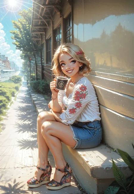 score_9, score_8_up, score_7_up, full body, from distance, sitting at bus station, cute french woman, tall, elegant, blonde, white shirt, denim short shorts, black wedge heel, 1dk, floral print, wedges, drinking coffee, smiling, busy city street, sunlight, sunrays, volumetric light, sunny afternoon