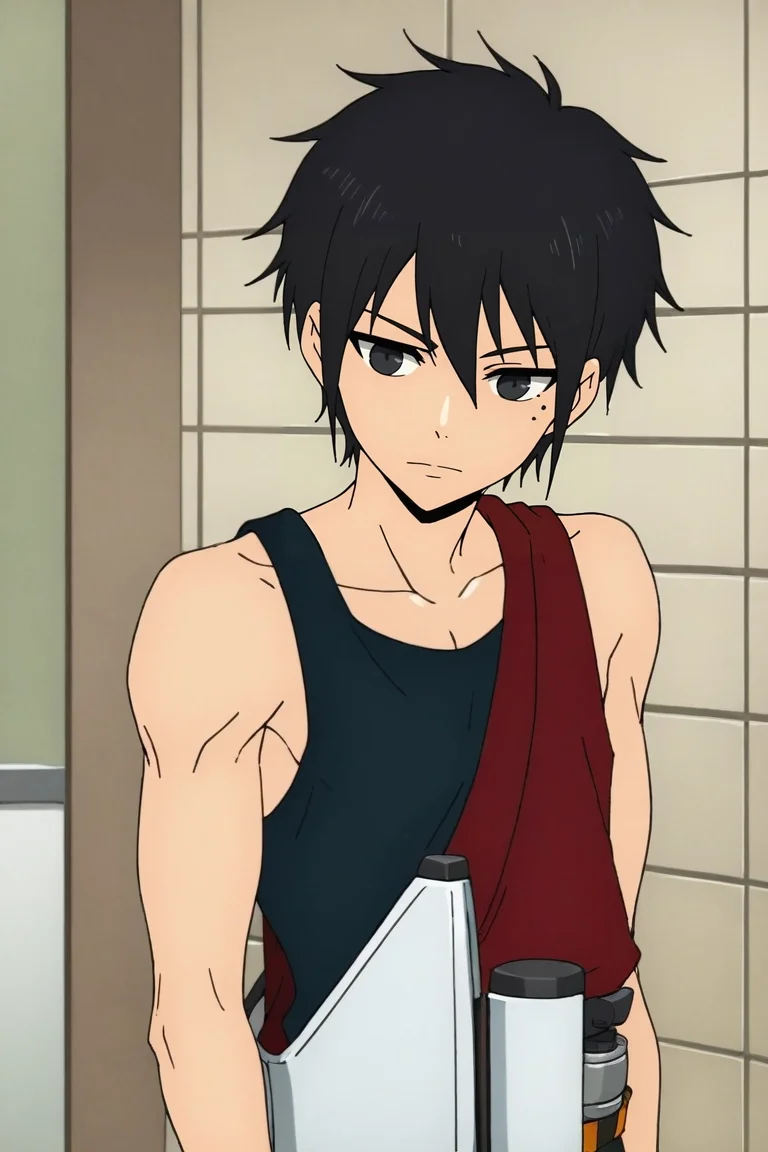 score_9, score_8_up, score_7_up, source_anime, rating_safe, , anime screencap, , , , depth of field, 1boy, solo, male focus, <lora:hatz_kami_no_tou_pony:0.8>, hatz_kami_no_tou, black hair, black eyes, short hair, mole, mole under eye, , tank top, wide angle, wide shot, cowboy shot, bathroom, day, sunny, legs together, laughing, , <lora:sdxl_lightning_8step_lora:1>