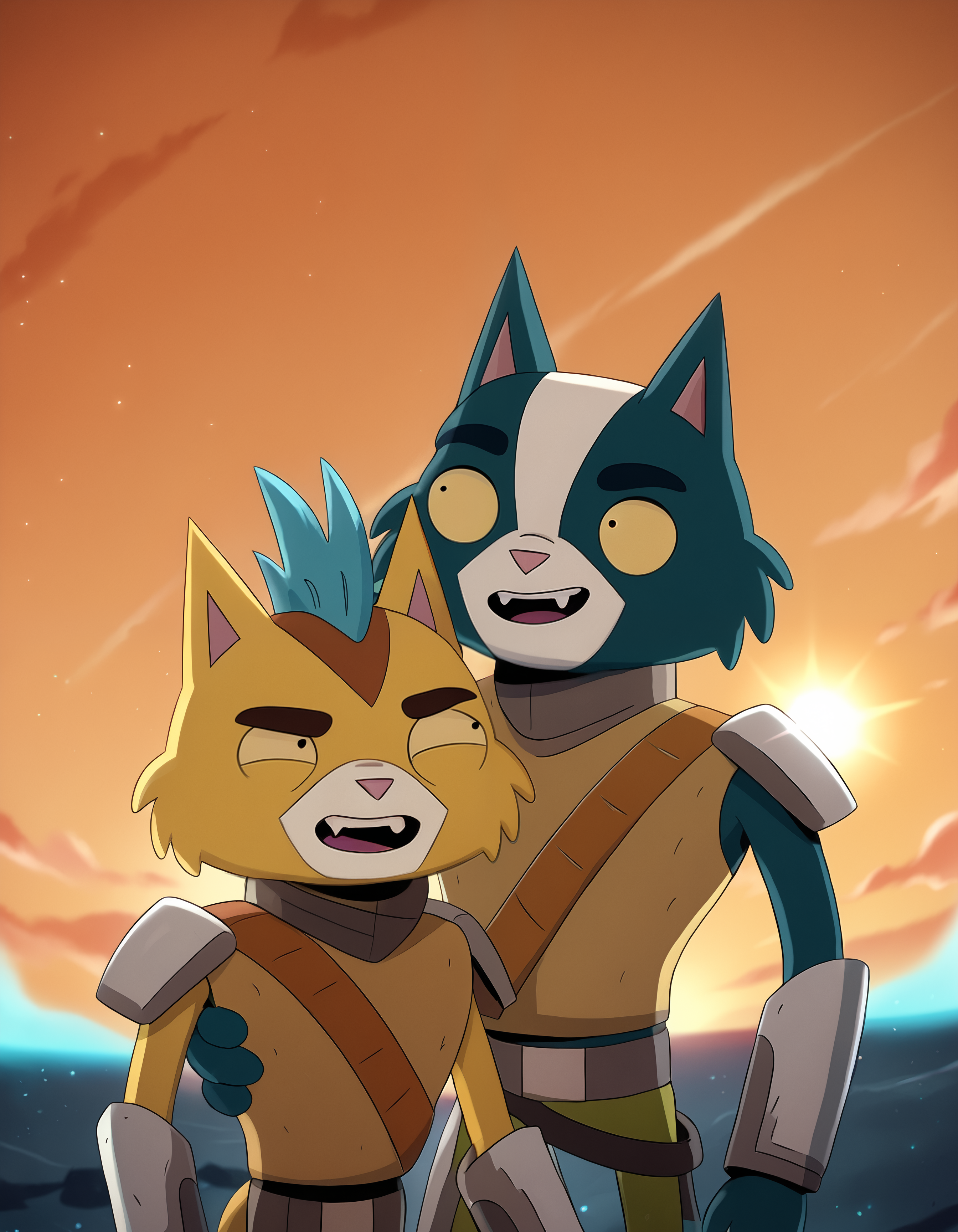 score_9, score_8_up, score_7_up, rating_safe,  detailed, <lora:add-detail-xl:1>, dutch angle, anthro, detailed body, hi res, hug, <lora:Little_Cato_Final_Space:1>, <lora:Avocato_Final_Space:1>, av0cato, cat, multiple boys, 2boys, animal ears, furry male, open mouth, sky, furry, fangs, colored sclera, male focus, outdoors, cloud, cat ears, orange sky, armor, yellow eyes, sunset, black eyes, cat boy, yellow sclera, sleeveless, standing, smile, looking at another, teeth BREAK little cato, white sclera, yellow fur, blue hair, lens flare (detailed background, starship:1.25)