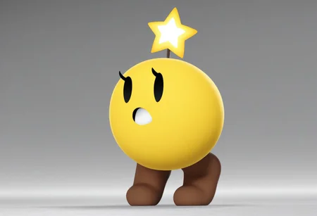 masterpiece, best quality, solo, full body, 3d, starlow, round body, yellow body, black eyes, solid oval eyes, eyelash, star above head, brown feet, star \(symbol\), waddling head, white mouth, two feet, no hands, no arms,