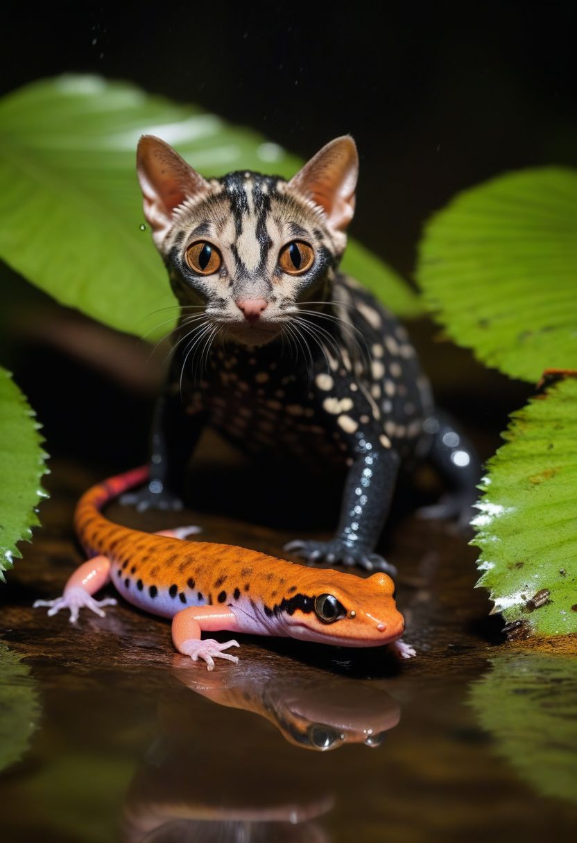 Casual photo of an hybrid animal between cat and ((salamander)) mixed together in a unique animal, stalking in a rain forest, wet skin (embedding:cosmos:1.3)