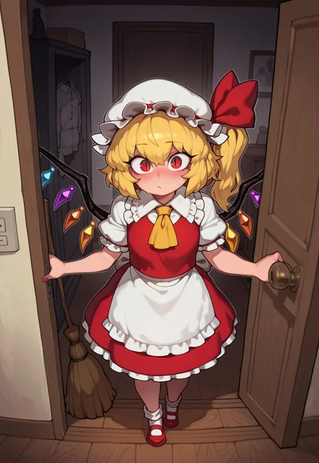 masterpiece, amazing quality, best quality, absurdres, aesthetic, (spacezin:0.3), (fluffydango:0.2), (hungry clicker:0.5), arrusa, (j.k.:0.7), (riz:0.9), 1girl, solo, flandre scarlet, maid outfit, indoors, broom closet, caught, looking at viewer, blushing, slit pupils