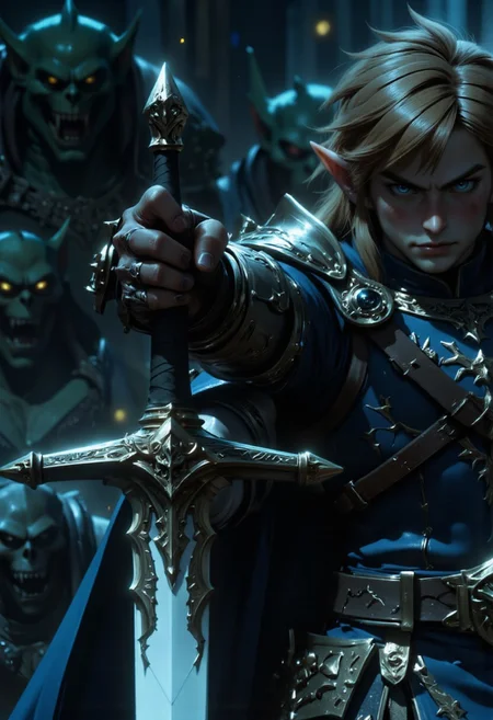 A cinematic close-up of Link, the legendary hero from The Legend of Zelda, standing in a battle-ready stance. His face is determined, his piercing blue eyes locked in focus. The camera lingers on the gleaming silver blade of the Master Sword, its legendary craftsmanship catching the dim light. Slowly, the camera begins to zoom out, revealing the eerie surroundings—dense, swirling fog obscures the battlefield. As the mist parts, grotesque green goblins emerge from the shadows, their menacing eyes glowing faintly in the darkness. They encircle Link, their snarls echoing through the misty air. The tension builds as the hero tightens his grip on the hilt, preparing for the inevitable clash. The scene is dark, moody, and cinematic, with dramatic lighting that highlights Link’s silhouette against the ghostly fog.