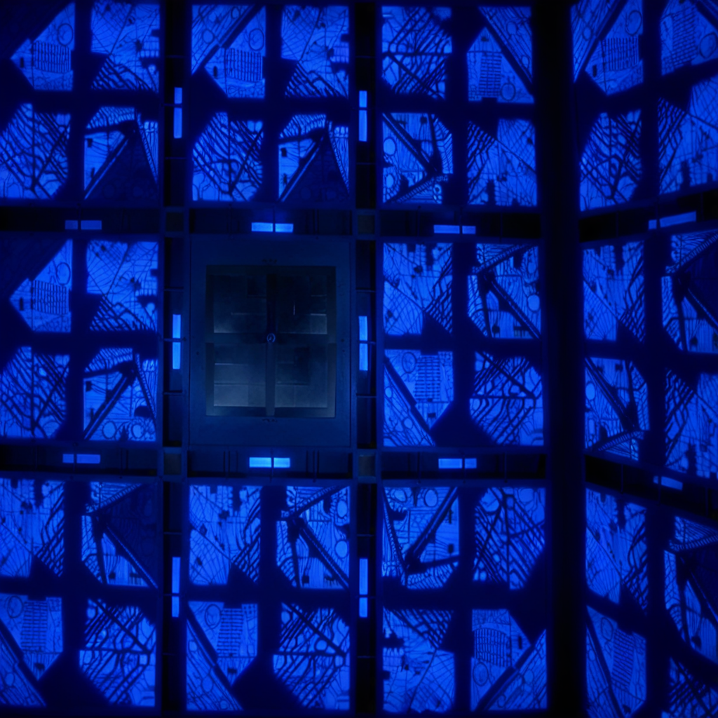 cpollcubemovie, cpollcubeblue, full room, wide view, frontal view, symmetrical layout, geometric patterns, glowing walls, futuristic design, sterile environment, closed hatch, "A 5x5x5 meter blue room viewed from a wide perspective. The room is shown from a POV view, looking straight into the space with no people visible. The room has symmetrical walls, and each side is identical, featuring geometric patterns. In the middle of each wall is a closed, square metal hatch. The walls emit a soft blue glow, creating a futuristic design and a sterile environment."