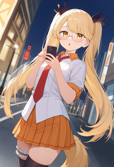 1girl,solo,retoree_(show_by_rock!!),<lora:retoreeil:0.9>,blonde hair,long hair,twintails,very long hair,yellow eyes,glasses,dog tail,hair ribbon,shirt,short_sleeves,red necktie,pleated skirt,orange skirt,black thighhighs,bridal garter,phone,holding,Slightly_open_mouth,chestnut mouth,street,downtown,night,looking_at_viewer,cowboy_shot,dynamic_angle,masterpiece,best quality,good quality,newest,incredibly absurdres,
