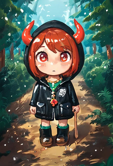 score_9, score_8_up, score_7_up, BREAK
highres, highly detailed, high resolution, high quality,
source_anime, anime screencap, saturation, vivid colors,
1girl, solo, luce, full body, standing, demon girl,
(dark red hair:1.2), (big dark red eyes:1.1), medium hair, cute, (grey skin:1.1), (horns:1.2),
(long black raincoat:1.1), black rubber boots,
pentagram necklace, holding one red trident,
cute, bokeh,
blurry background, forest background, path,
lozhkin
