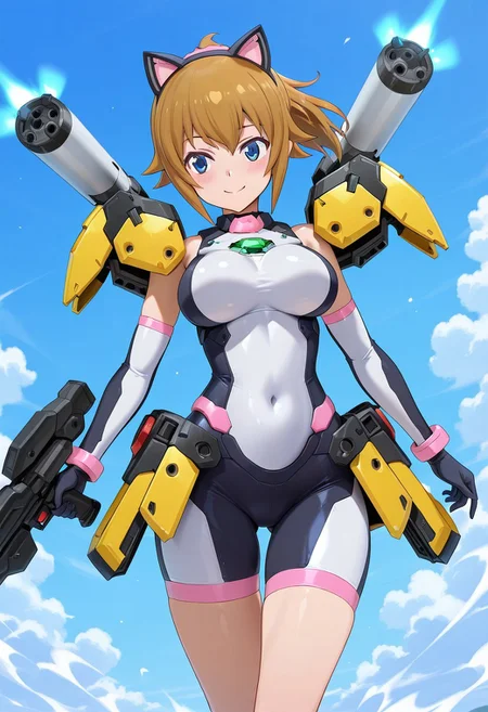 masterpiece,anime_coloring,anime clothing,avatar_fumina, blue eyes, brown hair, short hair, hoshino fumina, large_breasts , cat ears, elbow gloves, bodysuit, covered navel, armor, bike shorts, skin tight,yellow shoulder armor, yellow waist armor, weapon,shoulder cannon,thruster,gun,energy gun,blush face,kind smile,sky,in air,Air battle,,dynamic pose,