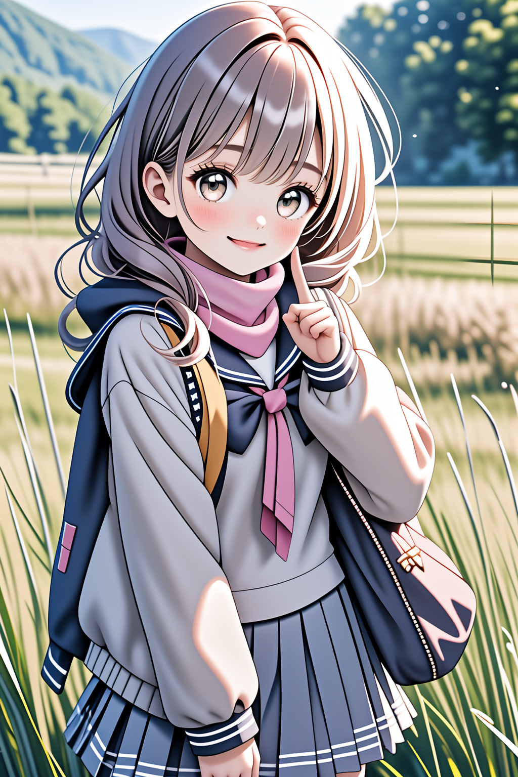 masterpiece, best quality, cowboy shot, looking at viewer, smile, long hair, one side up, hair scrunchie, school uniform, yellow scarf, pink jacket, bow, grey skirt, black socks, loafers, peace sign, outdoors, grass, <lora:LCM_LoRA_Weights_SD15:1>
