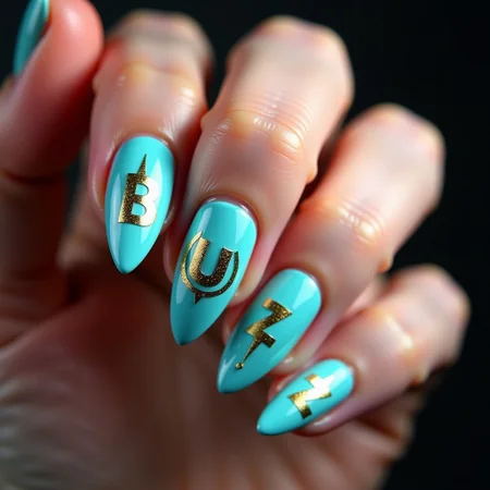 a beautiful hand of an latina, cyan medium length almond nails, gothic theme, single letters and a bolt emoticon on the nails in golden glitter, intricate details, 5 fingers
The letters on the fingers spell "BUZZ"