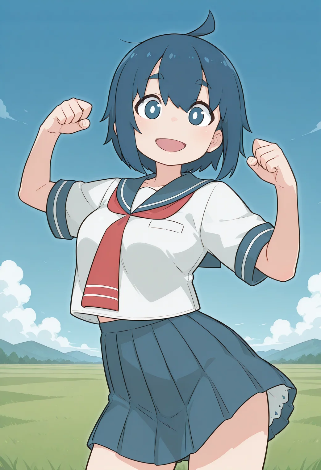 nishihara, thick eyebrows, white pupils, blue hair, short hair, blue eyes, ahoge, school uniform, serafuku, sailor collar, short sleeves, pleated skirt, <lora:nishihara_illustrious_ver1:0.8>
smile, open mouth,, masterpiece, best quality, sensitive,, 1girl, solo, blue sky, (grasslands:1.2), looking at viewer,, (cowboy shot, dynamic pose:1.4),