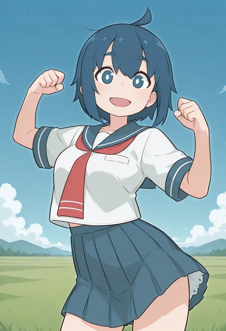 nishihara, thick eyebrows, white pupils, blue hair, short hair, blue eyes, ahoge, school uniform, serafuku, sailor collar, short sleeves, pleated skirt, <lora:nishihara_illustrious_ver1:0.8>
smile, open mouth,, masterpiece, best quality, sensitive,, 1girl, solo, blue sky, (grasslands:1.2), looking at viewer,, (cowboy shot, dynamic pose:1.4),