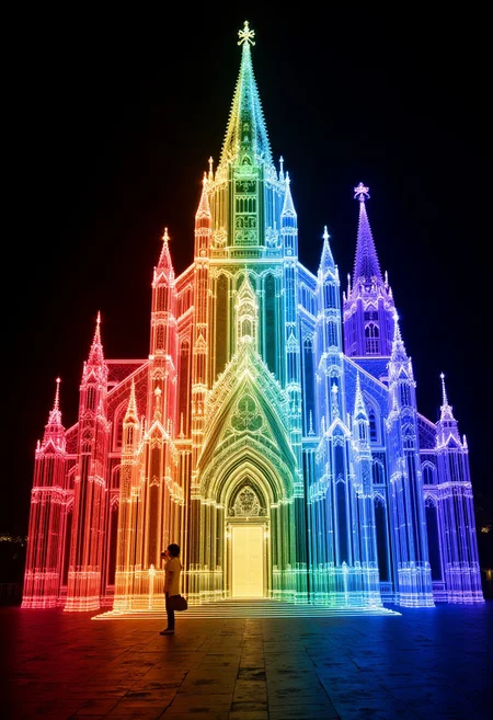 ArsWorldOfLight, a glowing cathedral made of light, with a gradient of coloured light in the colours of the rainbow, red, orange, yellow, green, blue, indigo and violet