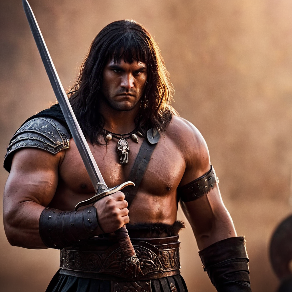 cinematic film still of  <lora:Conan the Barbarian:1.2>  Horror Themed created by Robert E. Howard
Conan the Barbarian a painting of a man holding a sword, shallow depth of field, vignette, highly detailed, high budget, bokeh, cinemascope, moody, epic, gorgeous, film grain, grainy