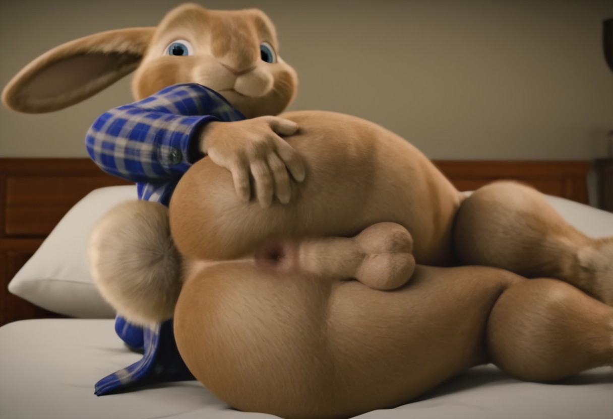 EB, Bunny, Male, 3D, bedroom, CGI, detailed fur, 4K, solo, 1boy, plaid blue jacket, blue eyes, bunny ears, feral, best quality, high quality, absurd res, detailed, bunny tail, bed, lying on bed, anus, short fingers, small paw hand, round paw, paw on butt, lifting butt cheek, ass spread, spreading ass, lying on side, back view, from behind, looking back, looking back at viewer, looking over shoulder, plump butt, testicles, bubble butt, butt cheeks, fat ass, huge ass, thicc butt, booty, hind legs,