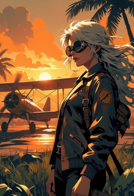 Mh1$AgThS2, intricate linework with expressive contrasts, soft lighting with dynamic highlights, young woman wearing flight goggles, aviator leather jacket, long loose platinum hair, standing next to a 1930s biplane on an airstrip surrounded by tropical jungle, sunset, in orange hues