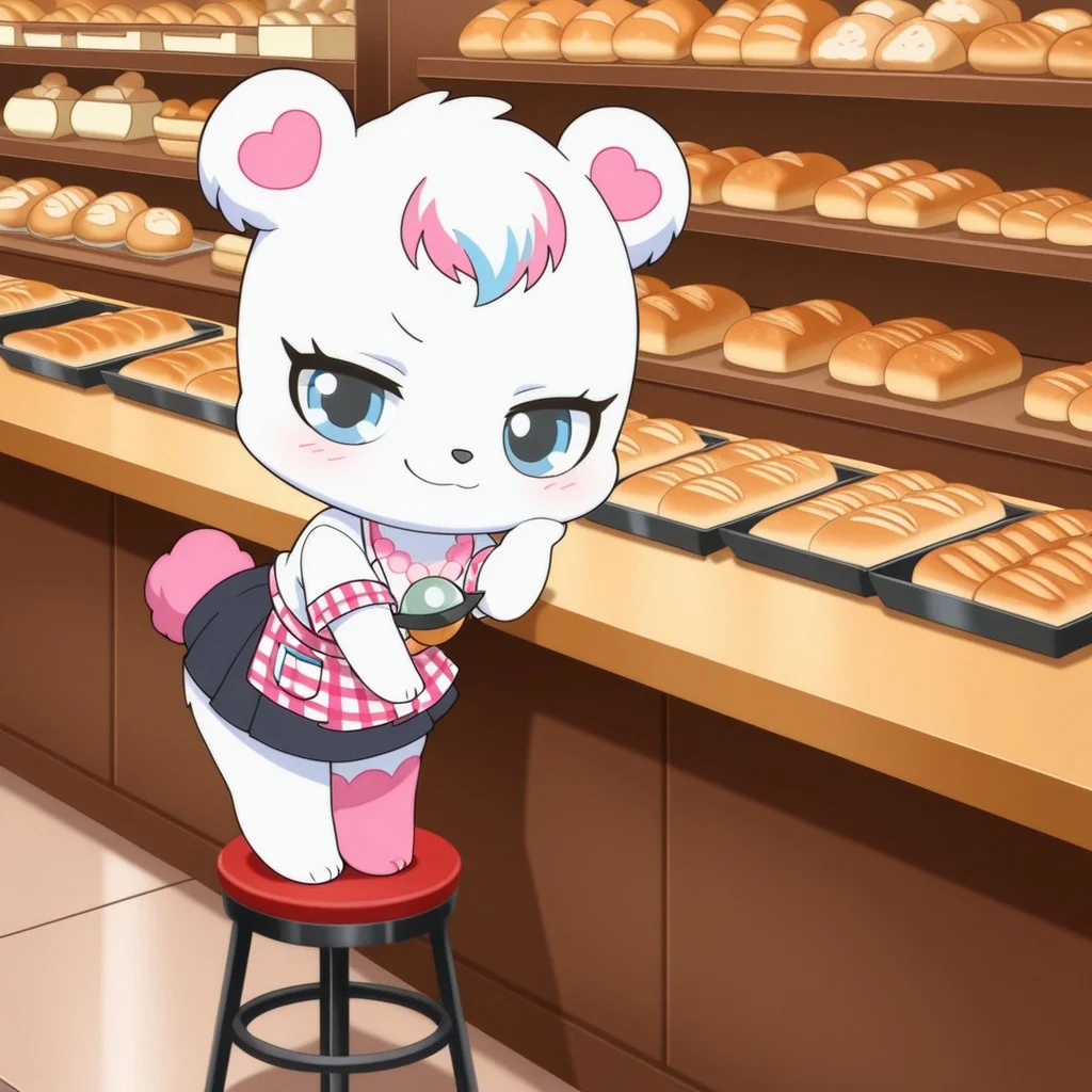 best quality, masterpiece, smirks, Full Body, Romantic, Small 2character, Body, Furry, looking_pleasured,labrajp, chibi, feral, multicolored hair, pink tail, tufted fur, furry, one pink leg, necklace, bear, bakery shop, bakery uniform, bakery outfit, restaurants, lobby smirk at viewer, being cute towards viewer, cashier, uniform, restaurants uniform shirt, restaurants skirt, register, counter, table, booth, stool,