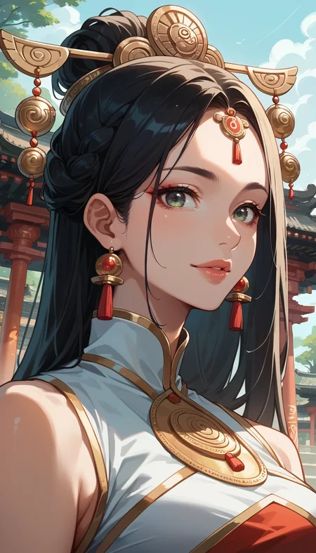 score_9, score_8_up, score_7_up, Anime Style, Portrait, girl, hindu goddess, cute, seductive, innocent, light smile:0.3, plump lips, slender body, looking curious, hindu temple background, depth of field, dynamic angle, fashion photography, sharp, hyperdetailed:1.15