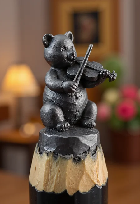 Mini sculpture on the tip of the pencil, a bear playing on a violin. The background is a well lit room with flowers. Pleasant warm lights prevail in the room, which emphasizes the shape of the statue.