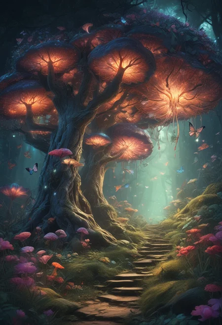 fantasy forest full of magical plants, glowing mushrooms. butterflies, petals. absurdres, (masterpiece, best quality, highres, ultra detailed), cinematic lighting, detailed, intricate,colorful world