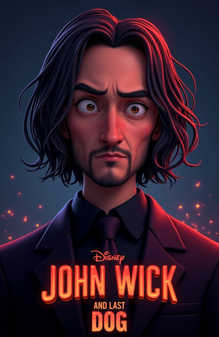 disney pixar style john wick and the last dog movie poster with the movie title "john wick and the last dog" below