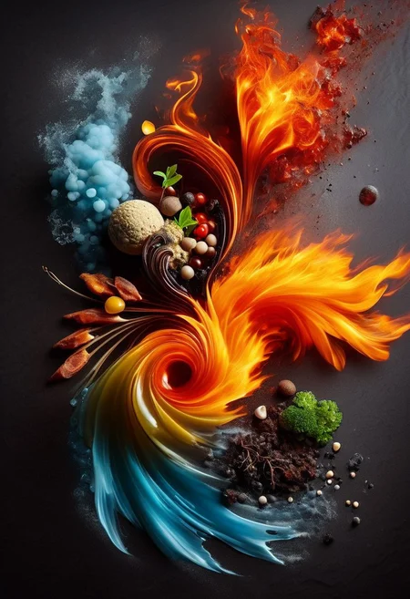 ElementsMix: fire, water, earth, and wind beautifully plated to be served at a high end restaurant, molecular gastronomy, mise en place, ornately prepared food photography, shot from above