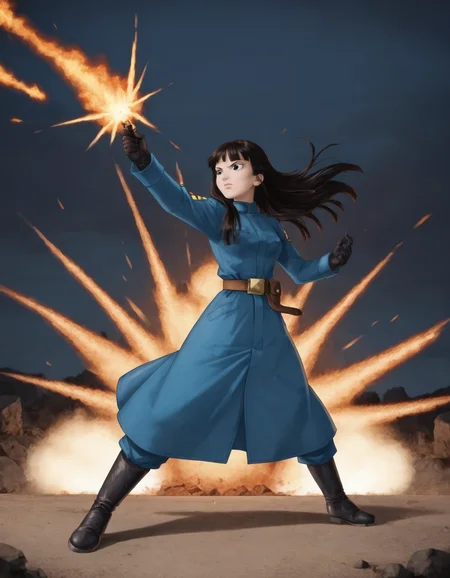 score_9, score_8_up, score_7_up, MAI LONG HAIR, BLACK HAIR, BLACK EYES, GLOVES, BOOTS, BELT, UNIFORM, MILITARY UNIFORM, at war, shooting, riffle, fire, explosion <lora:mai_pony_v1:0.5>