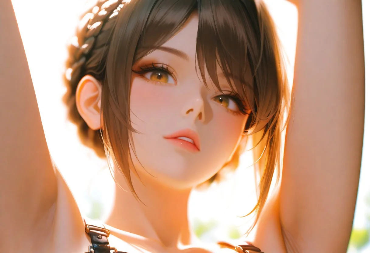 masterpiece, ultra-HD, cinematic lighting, photorealistic, impressionism (1.5), high detail, depth of field, (blurred background), (dramatic lighting),masterpiece, best quality, very aesthetic,8k,masterpiece, best quality,realistic, masterpiece, best quality, 8k,
1girl,, , , armpits,, breasts, , dark_skin, brown hair with dark roots, crown braid, , arms_up, , looking_at_viewer, (eyes open:1.5), facing viewer, front view , low angle, , white_background, topless, leather straps, harness , small breasts, collarbone, eyebrows_visible_through_hair, parted_lips, , simple_background, , blush, ,a photo of a pornmaster000 korean idol,hairy pussy