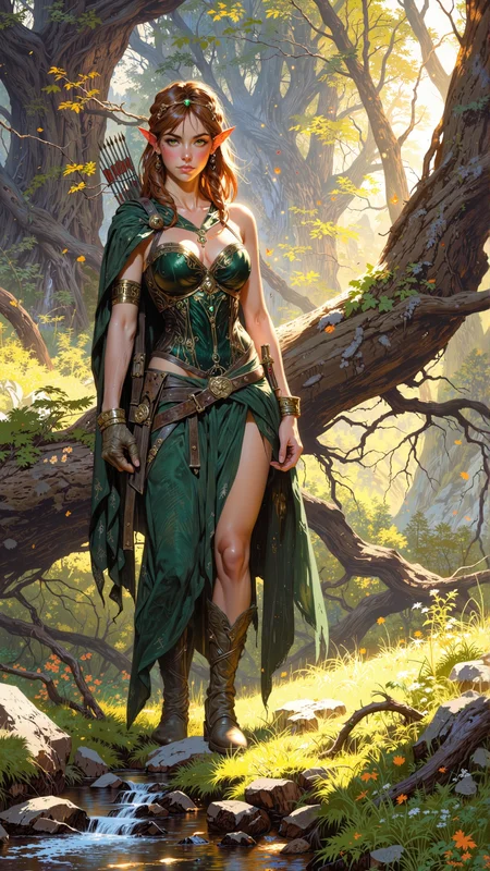 The central focus of the image is a stunning female ranger standing in the heart of a dense, enchanted forest. She is a wood elf, her exotic beauty accentuated by her otherworldly features. Her height is 5'8" (173 cm), with a slender yet athletic build that exudes grace and agility. Her skin is a warm, sun-kissed tan, with a healthy, radiant glow that suggests a life spent under the open sky. Her face is strikingly beautiful, with high cheekbones, a delicate nose, and full, berry-colored lips. Her eyes are large and almond-shaped, a vivid shade of emerald green that glows faintly in the dim light, radiating an aura of mystery and cunning. Her eyebrows are thin and arched, adding to her enigmatic expression.
Her hair is long and silky, reaching down to her waist, with a rich, chestnut-brown color that glints with hints of auburn in the light. Her hair is styled in loose, flowing waves, with a few thin braids adorned with tiny, golden charms shaped like leaves and feathers. A delicate golden circlet rests on her brow, set with a single, glowing emerald that matches her eyes.
She wears a revealing yet practical outfit that combines sensuality with stealthy practicality. Her top is a form-fitting, dark green leather corset with intricate elven runes etched into the material, dyed in deep forest green with golden accents. The corset leaves her shoulders and midriff exposed, showcasing her toned physique. Over the corset, she wears a lightweight, semi-transparent cloak made of shimmering silk, dyed in hues of silver and green, which flows gracefully behind her. Her lower body is clad in a high-waisted, thigh-length skirt made of layered leather strips, allowing for ease of movement while providing some protection. The skirt is adorned with small metal plates engraved with elven motifs. Beneath the skirt, she wears tight-fitting, knee-high boots made of supple leather, reinforced with steel toes and heels for combat readiness.
Her weapons are as stealthy as her appearance. She carries a finely crafted elven longbow slung across her back, made of polished yew wood with silver inlays, and a quiver of arrows tipped with glowing, enchanted crystals. At her hip, she carries a slender, curved dagger in an ornate sheath, its hilt wrapped in green leather and studded with a single emerald. Her hands are gloved in fingerless leather gloves, allowing her dexterity for archery.
The scene is set in a lush, enchanted forest bathed in the golden light of a setting sun. Towering ancient trees with twisting roots and glowing, bioluminescent leaves surround her. The forest floor is carpeted with soft moss and dotted with vibrant wildflowers. A crystal-clear stream winds through the scene, its waters reflecting the warm hues of the sky. In the background, faint silhouettes of distant mountains rise, their peaks capped with snow. The air is filled with a sense of magic, with tiny, glowing fireflies drifting lazily through the air and faint wisps of mist curling around the trees.
The character stands on a small, moss-covered stone in the middle of the stream, her posture confident and poised. Her expression is calm yet determined, as if she is on a mission or guarding the forest. The interplay of light and shadow highlights her features, with the golden sunlight casting a warm glow on her skin and hair, while the cool tones of the forest create a striking contrast. The overall atmosphere is one of mystery, beauty, and adventure, perfectly complementing her alluring yet formidable presence.
soft pastel anime, Magic style, mythp0rt, DB4RZ