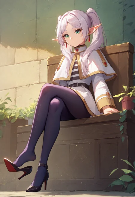 score_9_up score_8_up score_7_up, 1girl, high heels shoe dangle, sitting, crossed legs, pantyhose
<lora:high_heels_shoe_dangle_24re_pony_0602_final:1>
BREAK
nereirfpnxl, frieren, pointy ears, twintails, earrings, elf, parted bangs, white hair, white capelet, capelet, long sleeves
<lora:others_frieren_nereirfpnxl_pony_v2:1>