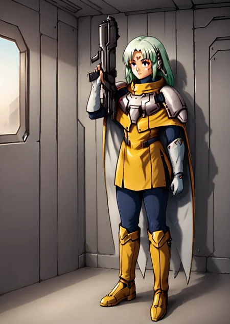 Demi, solo, armor, cape, full body, sci-fi wall, steel wall, woman, from the front, holding gun, gun, <lora:Demi-000011:1>