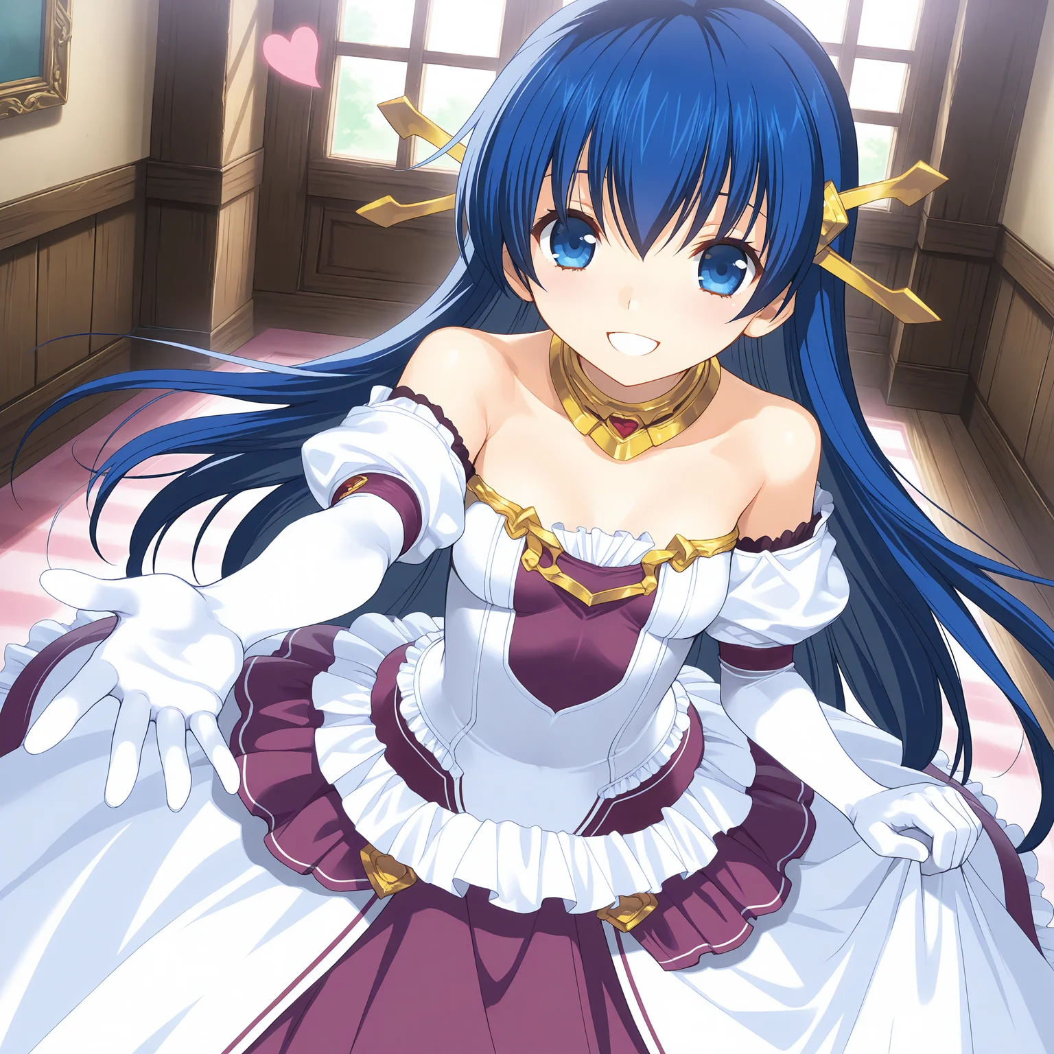 <lora:Lia_Parapara_Leazas_03_1_nai-000073:1>,Lia Parapara Leazas,
elbow gloves,bare shoulders,white dress,white gloves,frilled dress,long dress,frills,strapless,purple skirt,
1girl,solo,smile,reaching towards viewer,heart,front view,looking at viewer,indoors,