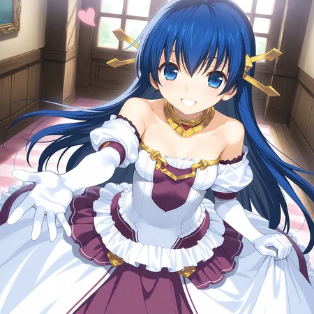<lora:Lia_Parapara_Leazas_03_1_nai-000073:1>,Lia Parapara Leazas,
elbow gloves,bare shoulders,white dress,white gloves,frilled dress,long dress,frills,strapless,purple skirt,
1girl,solo,smile,reaching towards viewer,heart,front view,looking at viewer,indoors,