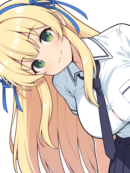 masterpiece, best quality, amazing quality, artist:[limberbreak], by limberbreak, thick outlines, bold outlines, heavy line art, graphic black lines, strong contours, black outlines
(solo:1.4), Katsuragi_IL, green eyes, long blonde hair, blue hair ribbon, double hair ribbon, large breasts, Katsuragi_School, school uniform, blue necktie, white buttoned shirt, pleated skirt
:3, closed mouth, peeking, simple background, tareme, close-up, transparent background, smile, head tilt
<lora:SK_Katsuragi_IL:0.8>