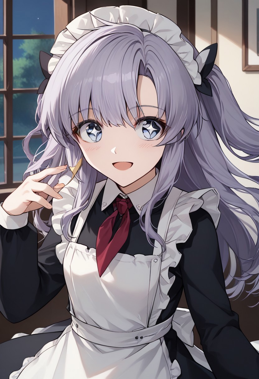 score_9, score_8_up, score_7_up, source_anime, OGNEVOY (AZUR LANE), OGNEVOY DEFAULT WEAR, 1girl, solo, long hair, looking at viewer, blush, smile, open mouth, bangs, blue eyes, long sleeves, dress, purple hair, :d, grey hair, heart, frills, apron, black dress, two side up, maid, sparkle, white apron, + +