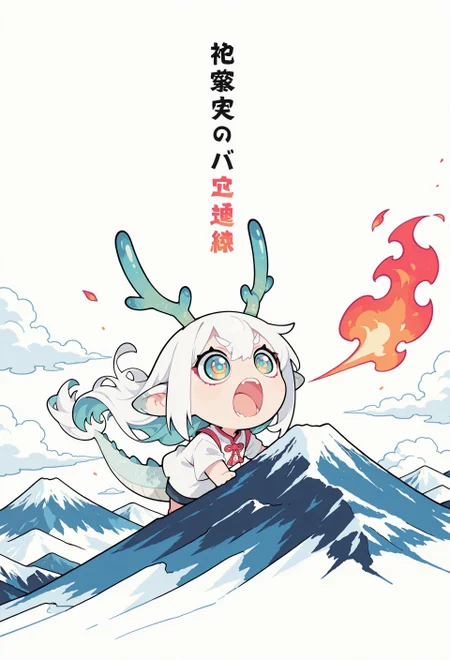 S4bit4mago_illu, anime style, s0wasow4rt_illu, masterpiece, newest, masterpiece, best quality, high quality, newest, highres, absurdres, <lora:sowasowart_style-000016:1>,score_9, score_8_up, score_7_up, concept, solo, extremely detailed, cartoon style, detailed background, detailed plants, thick outline, white outline, flat color, no lineart, blending, clouds, negative space, mountain in background, grand mountain, mt. fuji, open mouth, breathing fire, large flame, at an angle, dynamic angle,
masterpiece, best quality, very aesthetic, newest, solo, semi-realistic, jade eyes, 1 dragon girl, flowing hair, hair blown by the wind, white motif, large eyes, antlers, flat color, large white shirt, against white background, close up, thick tail, chibi