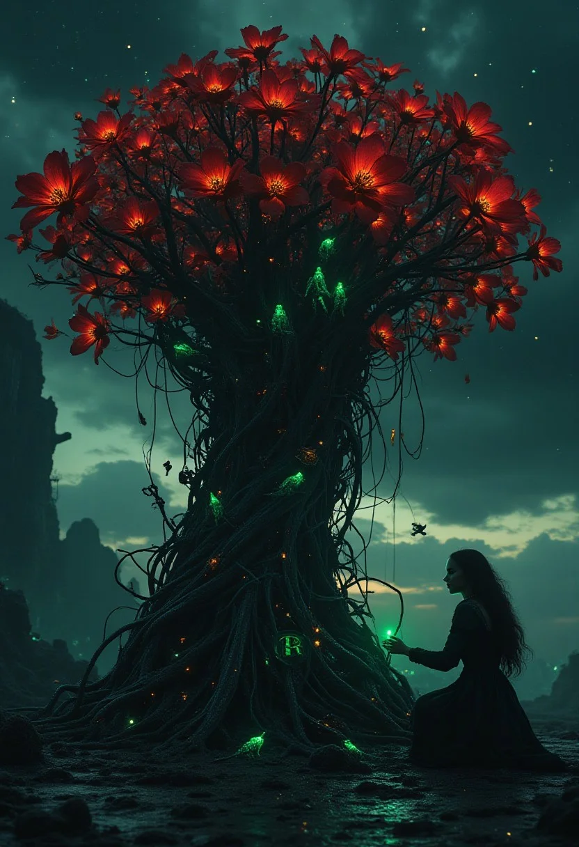 Cinematic style, dramatic chiaroscuro, ethereal beauty, high definition,
A hyper-realistic portrait, photorealistic photo close-up image of On a stark, metallic landscape where the ground is covered in intricate gears and cogs, a towering tree made of twisted steel stands at the center of a vast, barren plain. Its branches are covered in dark, blood-red flowers, their petals sharp as blades, while glowing green lizards dart in and out of the hollow metal trunk. Beneath the tree, a woman with porcelain skin and glowing golden eyes kneels in the shadow of the blossoms, her fingers tracing the pattern of ancient runes carved into the metal roots. The air hums with the mechanical rhythm of the tree, each breath she takes filled with the scent of oil and blooming iron. Above her, the sky is a swirling mass of black clouds and shimmering stars, casting an otherworldly glow on the crimson flowers. The lizards move with mechanical precision, their metal scales catching the faint light, while the flowers seem to pulse with a strange, vibrant energy. Life and death feel inseparable here, the cold, unyielding steel of the tree juxtaposed with the blood-like flowers that bloom eternally. The womanâs gaze is distant, lost in the silent contemplation of this eternal cycle.(photography, high-resolution, dynamic, energetic,hyper-realistic, dramatic lighting, shallow depth of field.),