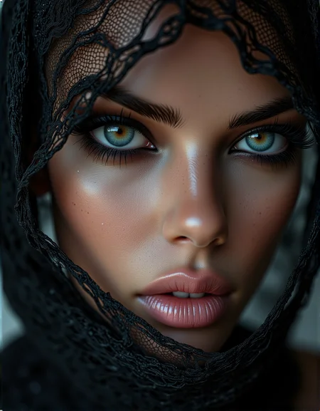 . A mesmerizing extreme close-up of a woman's face, her eyes piercing through delicate black lace, with ethereal light casting soft reflections on her skin. The scene is enhanced by subtle sparkles of makeup., <lora:bv-close-up-enhancer.safetensors:1.0:1.0>