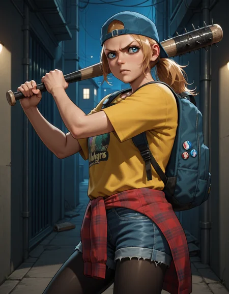 <lora:holly-forrester-illustrious-000013:0.7> holfor, backwards cap, t-shirt, yellow shirt, backpack, button badge, clothes around waist, denim shorts, pantyhose
1girl, solo, holding baseball bat, spiked bat, swinging, serious, angry, alley, night
best quality, great quality