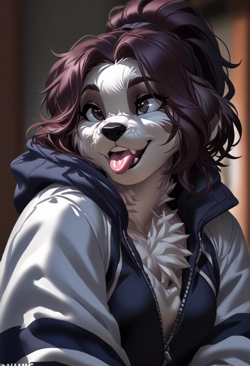 score_9, score_8_up, score_7_up, (by kittydee:1.5), (by jailbird:1.5), (by zummeng:1.5), masterpiece, best quality,
(Furry Art: Anthro: Shih Tzu:1.5), 1girl, expressive eyes, feminine eyes, perfect face, feminine face, dog, canine, medium long fur, floppy ears, multicolored fur, black fur, white fur, brown fur, brown hair, ponytail hair, small breasts, jacket, tongue out,