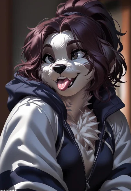 score_9, score_8_up, score_7_up, (by kittydee:1.5), (by jailbird:1.5), (by zummeng:1.5), masterpiece, best quality,
(Furry Art: Anthro: Shih Tzu:1.5), 1girl, expressive eyes, feminine eyes, perfect face, feminine face, dog, canine, medium long fur, floppy ears, multicolored fur, black fur, white fur, brown fur, brown hair, ponytail hair, small breasts, jacket, tongue out,