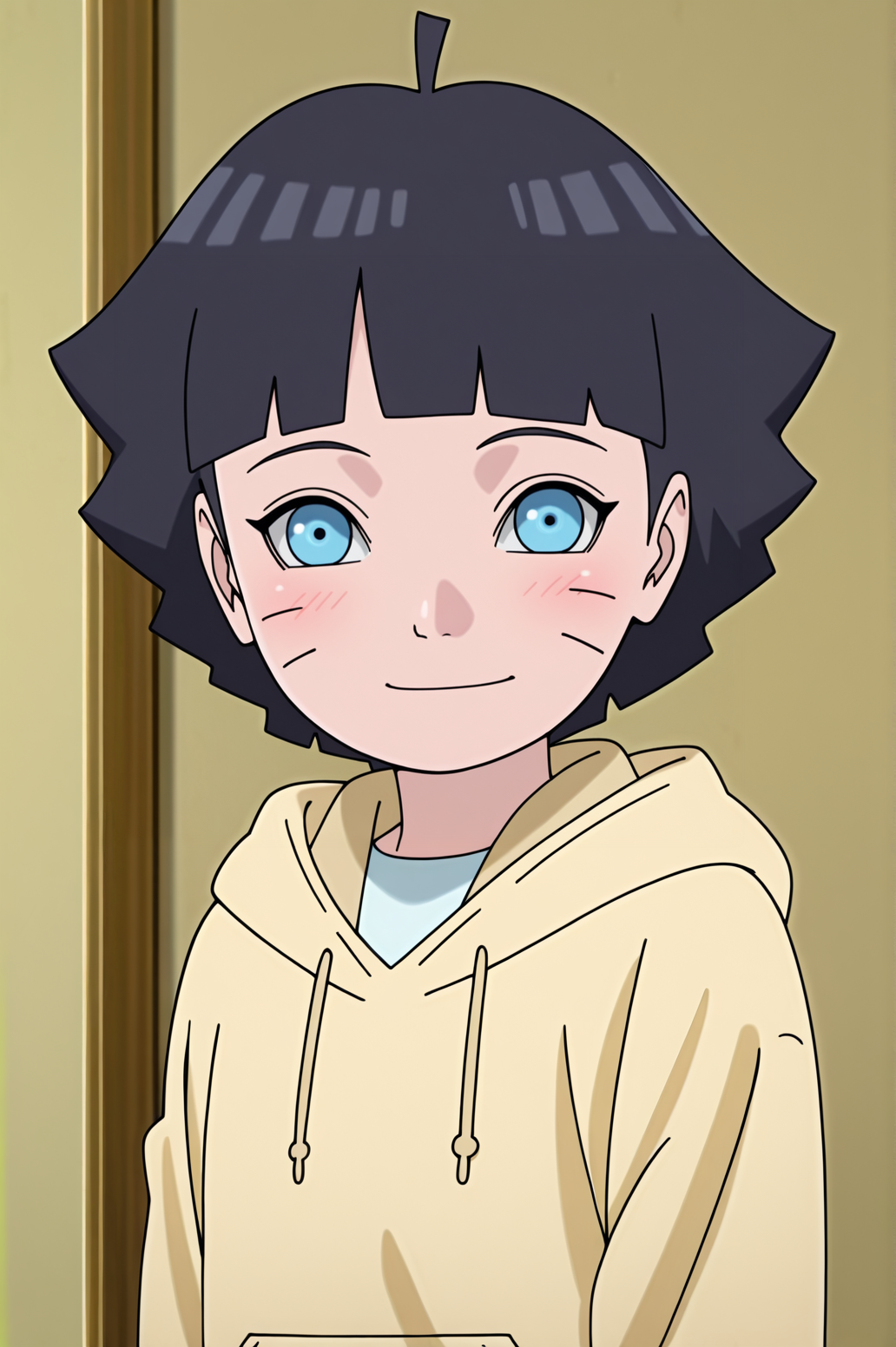masterpiece, best quality, absurdres, highres, very aesthetic, very awa, BREAK, anime coloring, anime screencap,
 <lora:uzumaki_himawari_v2-illustrious_r1:1>,1girl, uzumaki himawari, boruto: naruto next generations, black hair, whisker markings, short hair, ahoge, blue eyes,
himaout, hoodie,
BREAK, looking at viewer, blush, smile, upper body, 
BREAK,